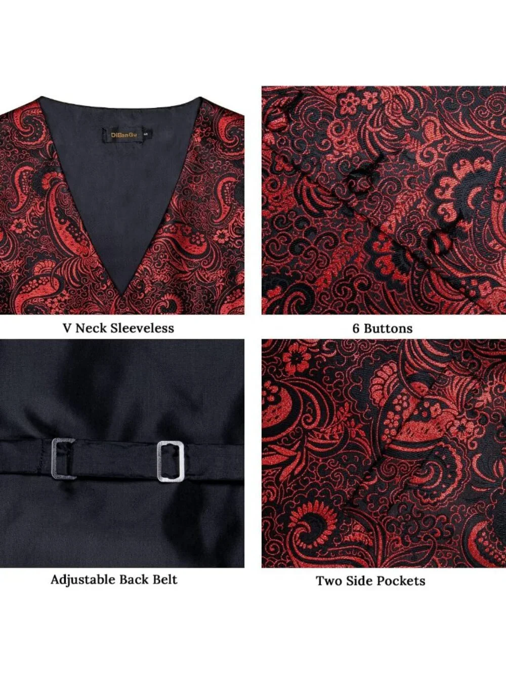 Elegant Silk Paisley Vest & Necktie Set - 6PCS Pre-tied Bow Tie for Weddings